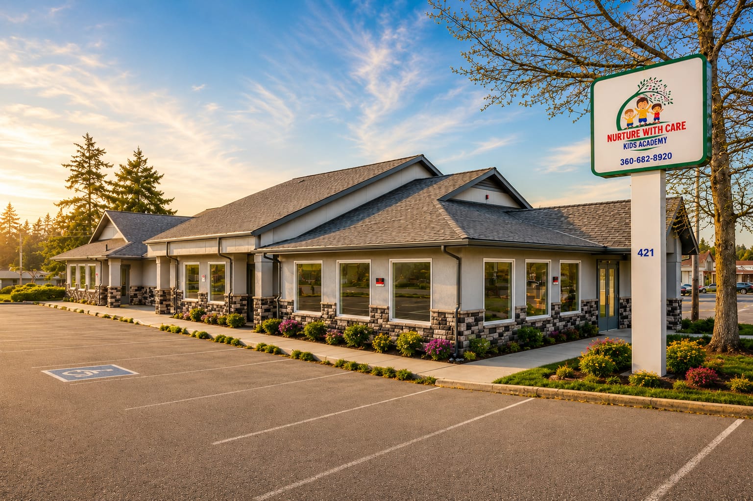Our new Midway Blvd building in Oak Harbor at golden hour, with 421 street signage
