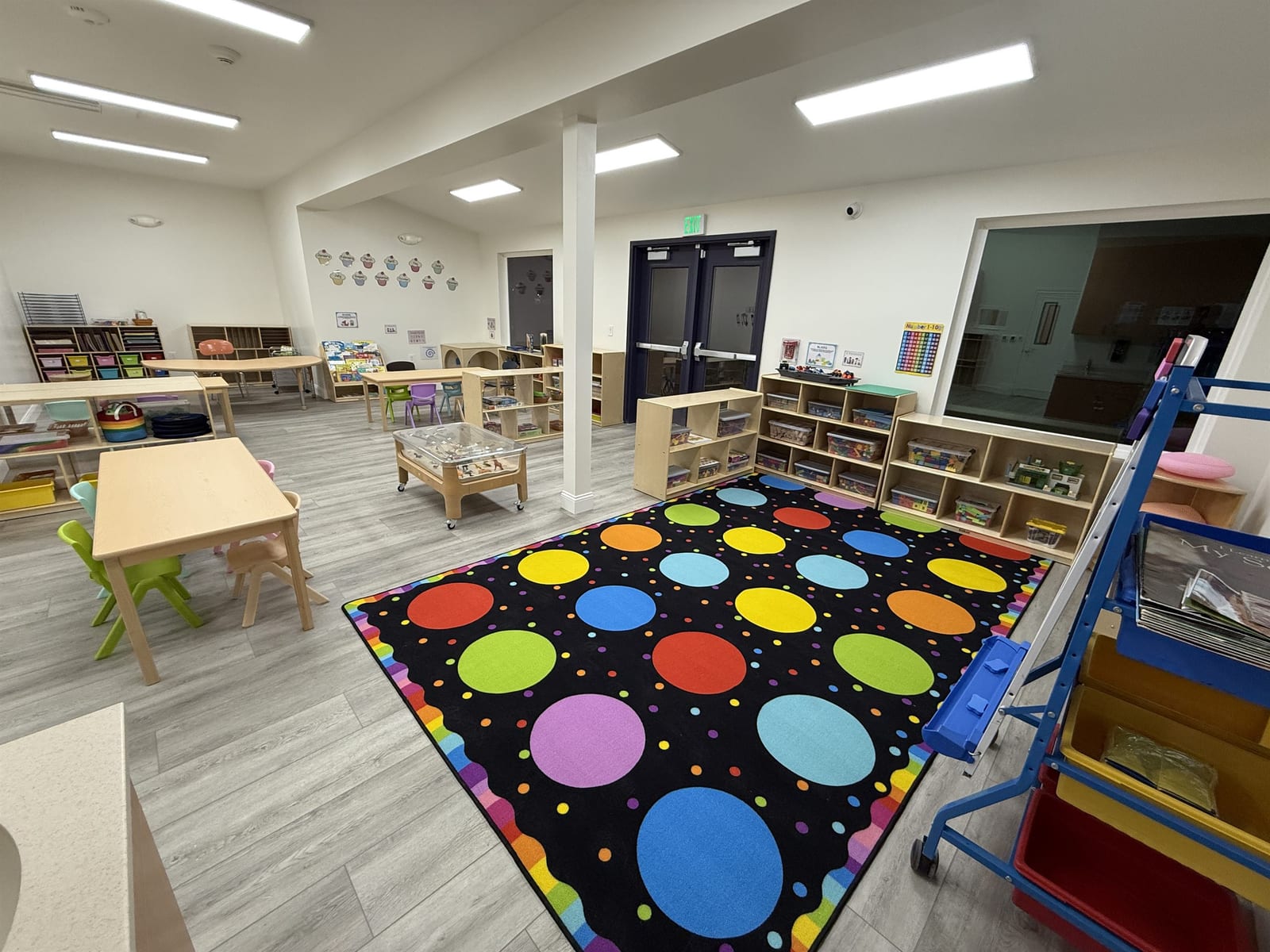 Open activity room with a circle time rug, low shelving, a sensory table, and an art easel