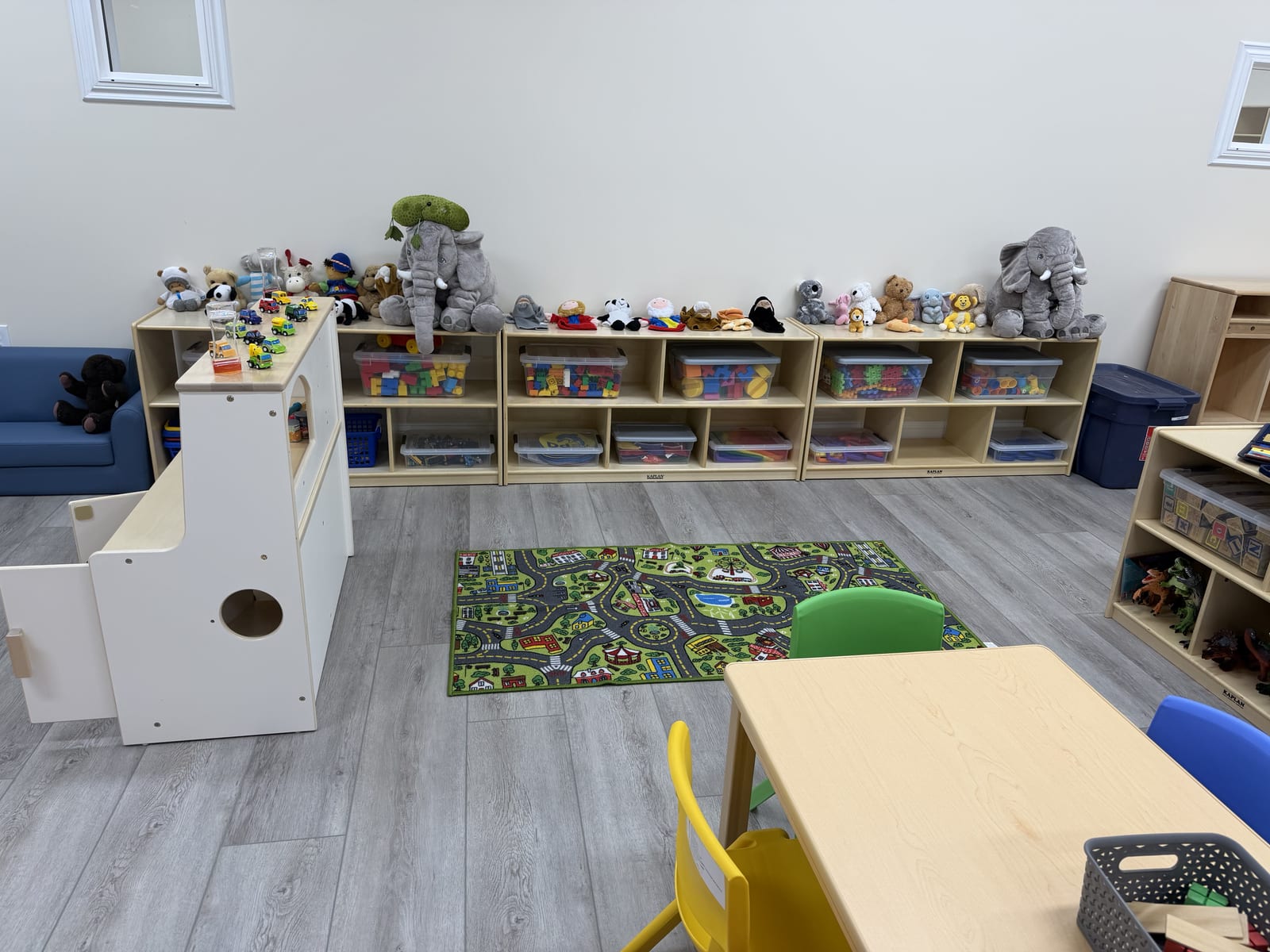 Reading and play area with a shelf of stuffed animals, storage bins, and a play road rug